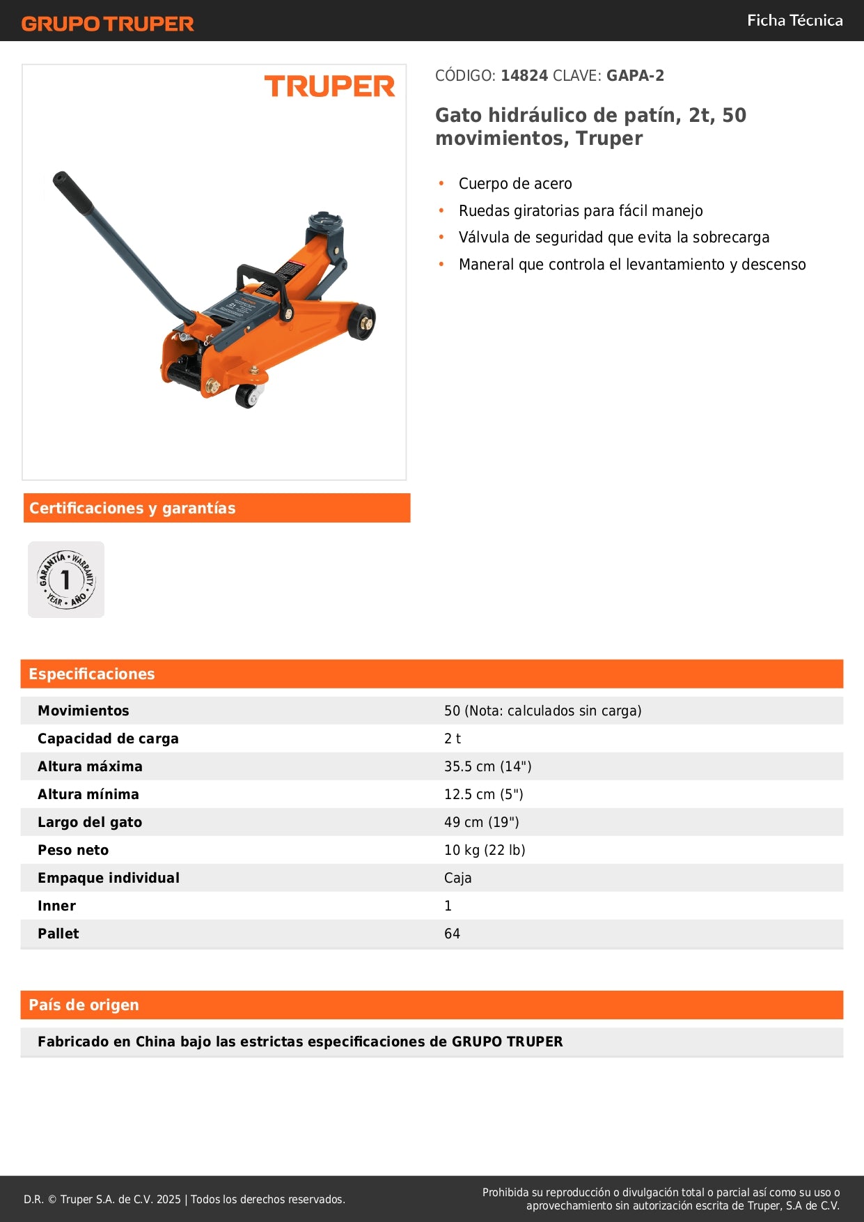 Gato Hidráulico de Patín 2 Toneladas Truper GAPA-2 - Levantamiento Seguro con Ruedas Giratorias y Válvula de Seguridad