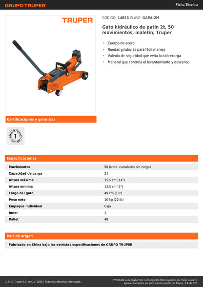 Gato Hidráulico de Patín 2 Toneladas Truper GAPA-2M - Levantamiento Seguro de Vehículos con Ruedas Giratorias y Válvula de Seguridad