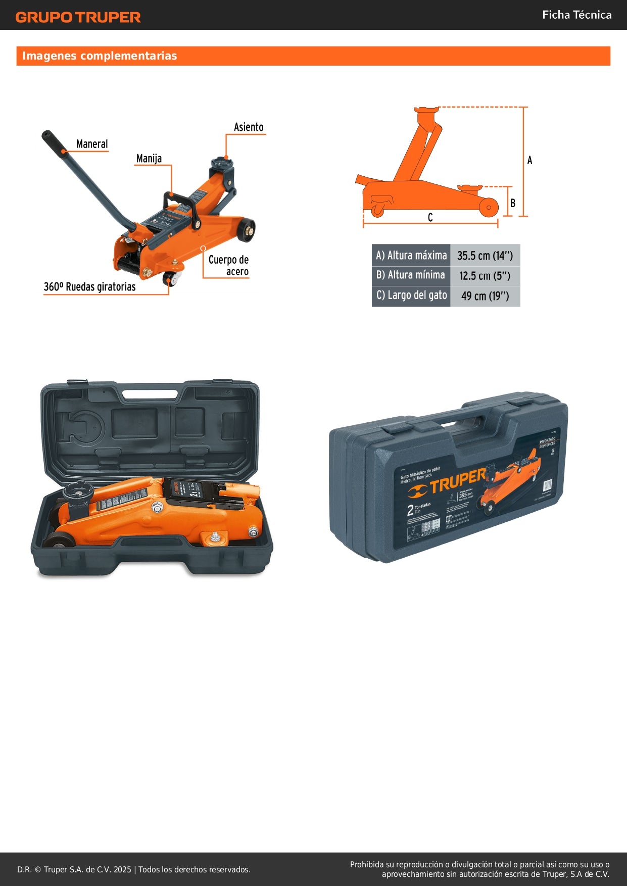 Gato Hidráulico de Patín 2 Toneladas Truper GAPA-2M - Levantamiento Seguro de Vehículos con Ruedas Giratorias y Válvula de Seguridad