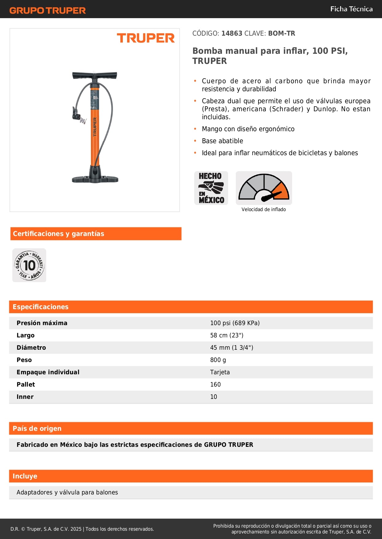 Bomba Manual TRUPER BOM-TR 100 PSI - Inflador Profesional Acero Carbono para Bicicletas y Balones - Cabeza Dual Válvulas Presta Schrader Dunlop