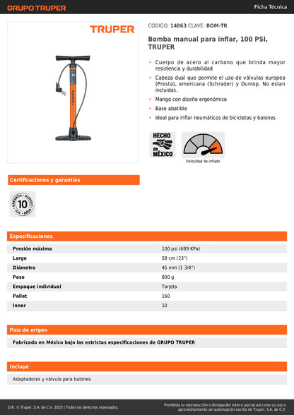 Bomba Manual TRUPER BOM-TR 100 PSI - Inflador Profesional Acero Carbono para Bicicletas y Balones - Cabeza Dual Válvulas Presta Schrader Dunlop