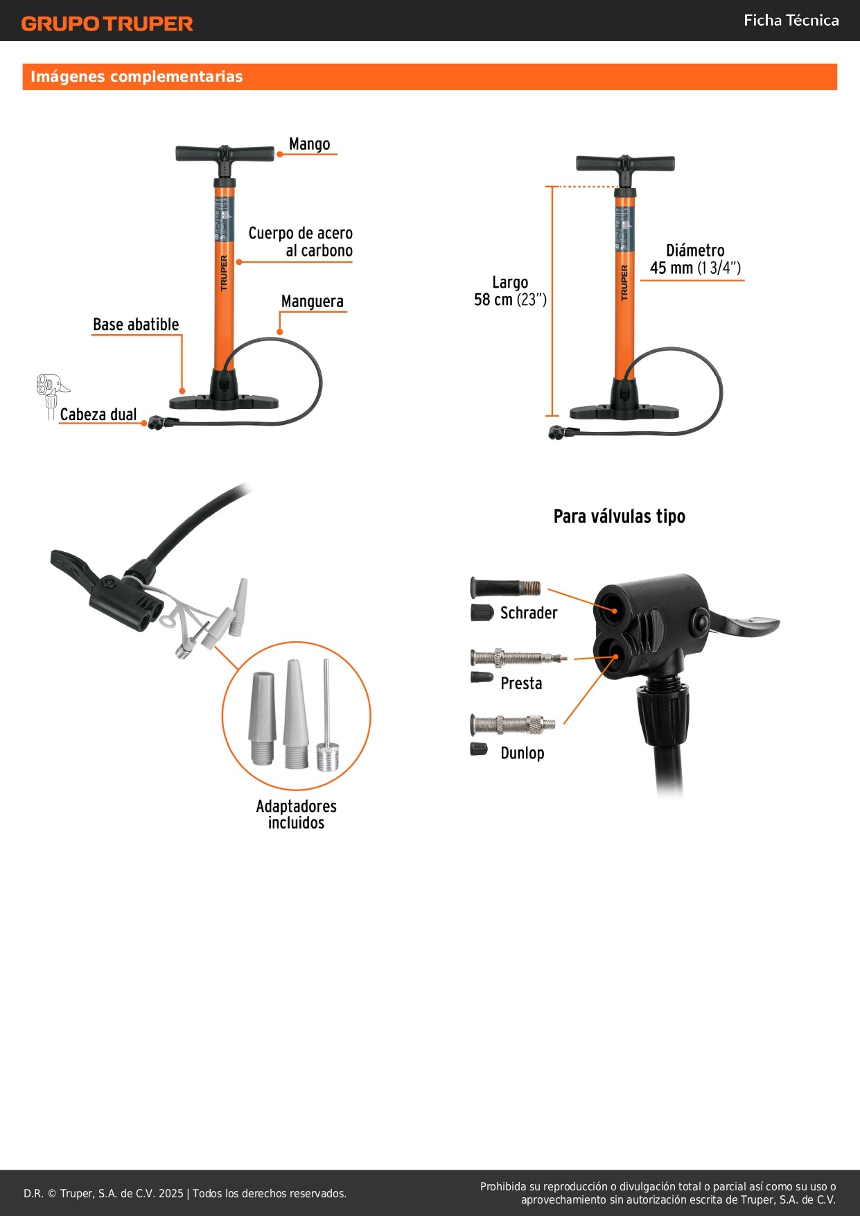 Bomba Manual TRUPER BOM-TR 100 PSI - Inflador Profesional Acero Carbono para Bicicletas y Balones - Cabeza Dual Válvulas Presta Schrader Dunlop