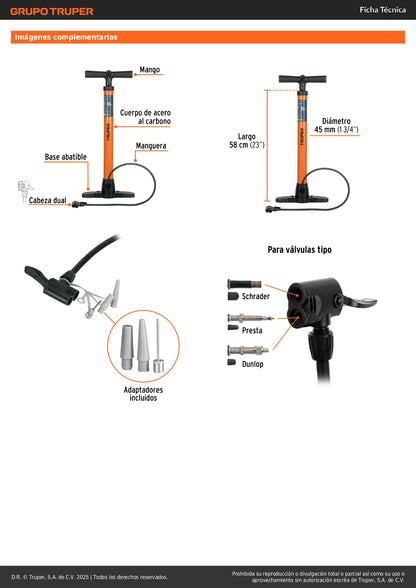 Bomba Manual TRUPER BOM-TR 100 PSI - Inflador Profesional Acero Carbono para Bicicletas y Balones - Cabeza Dual Válvulas Presta Schrader Dunlop
