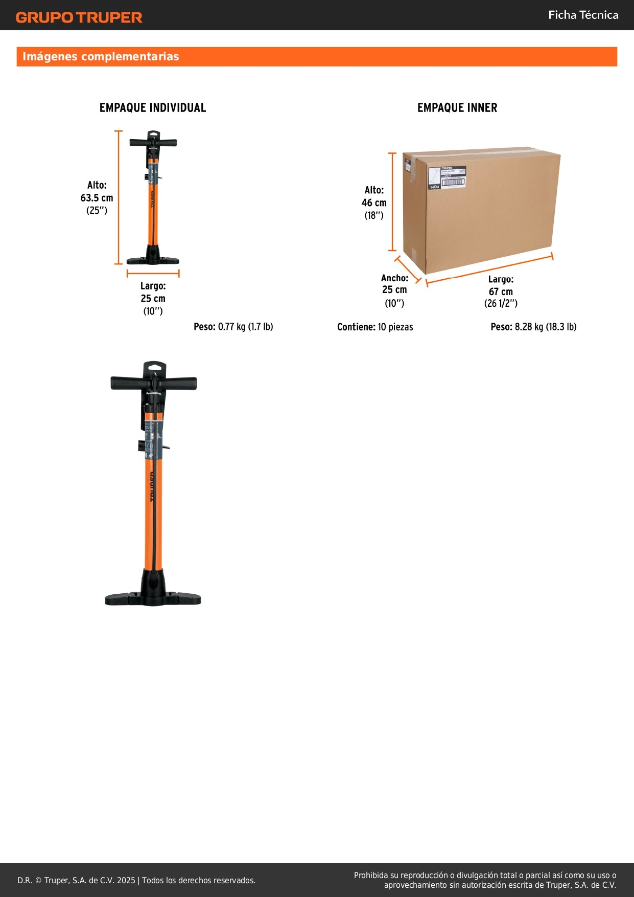 Bomba Manual TRUPER BOM-TR 100 PSI - Inflador Profesional Acero Carbono para Bicicletas y Balones - Cabeza Dual Válvulas Presta Schrader Dunlop
