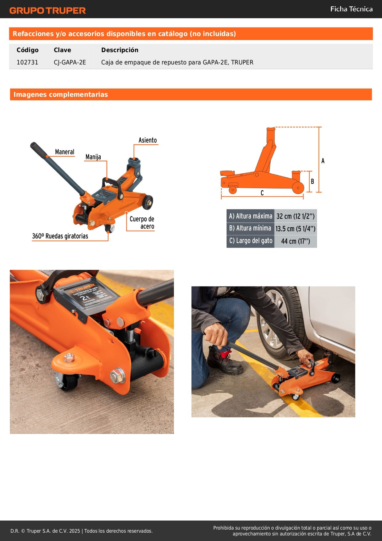 Gato Hidráulico de Patín 2 Toneladas Truper GAPA-2E - Levantamiento Seguro con Ruedas Giratorias y Válvula de Seguridad - 30 Movimientos