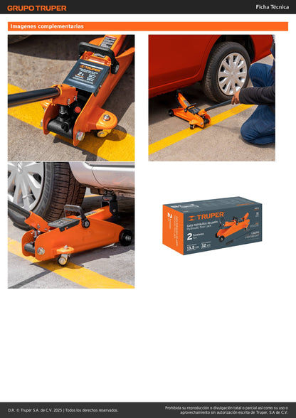 Gato Hidráulico de Patín 2 Toneladas Truper GAPA-2E - Levantamiento Seguro con Ruedas Giratorias y Válvula de Seguridad - 30 Movimientos