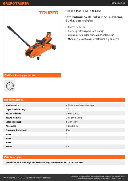 Gato Hidráulico de Patín 2.5 Toneladas GAPA-250 - Elevación Rápida con Ruedas y Maletín - Solución Profesional para Talleres Mecánicos