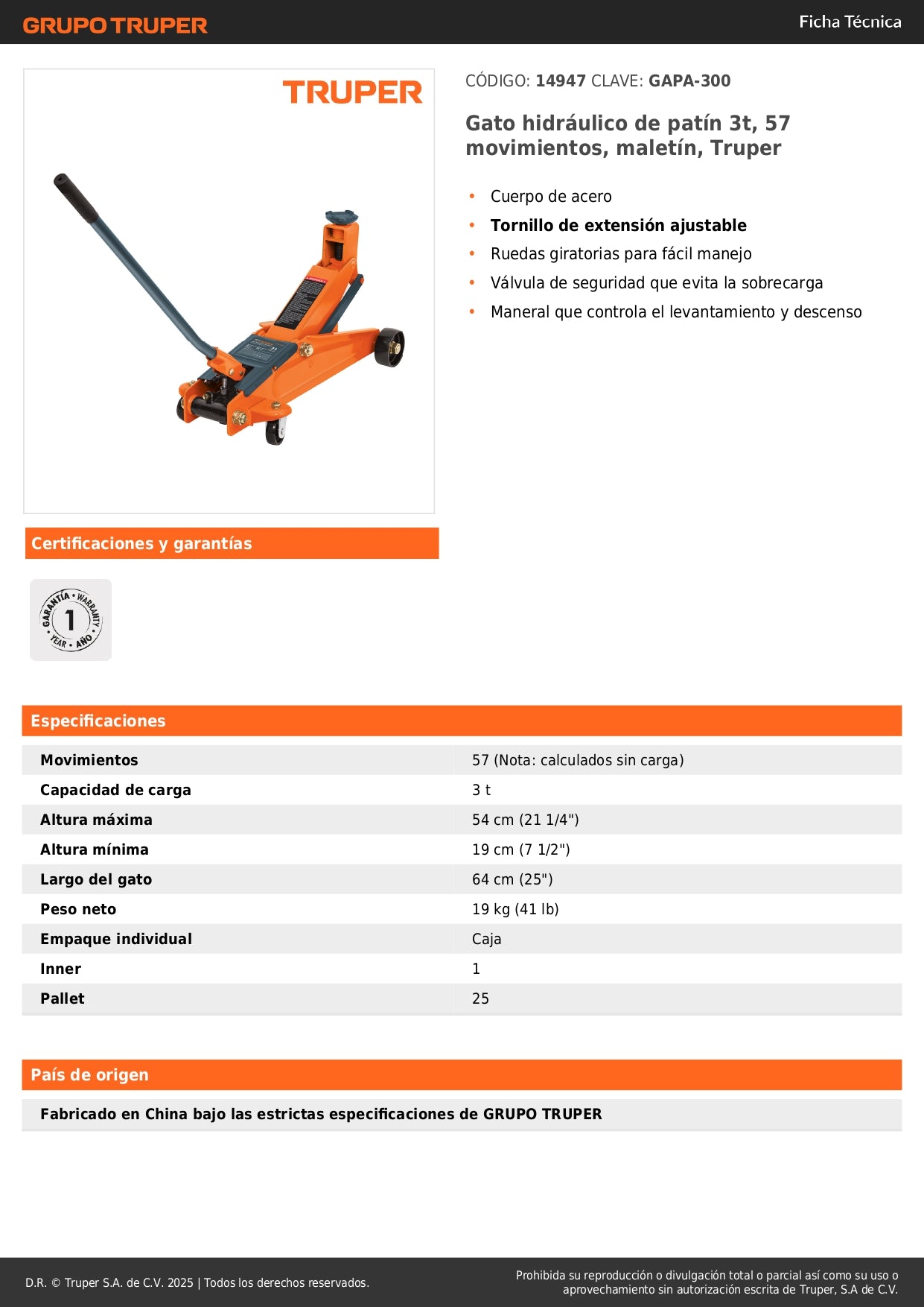 Gato Hidráulico de Patín 3 Toneladas TRUPER GAPA-300 - Levantamiento Seguro de Vehículos con 57 Movimientos y Maletín