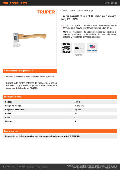 Hacha Cazadora TRUPER 1-1/4 lb Mango Hickory 14" - Herramienta Profesional para Corte de Madera y Trabajos Forestales - Acero al Carbono Tratamiento Térmico HC-1-1/4