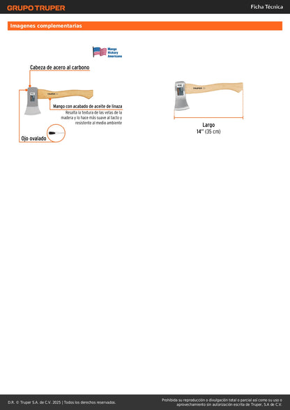 Hacha Cazadora TRUPER 1-1/4 lb Mango Hickory 14" - Herramienta Profesional para Corte de Madera y Trabajos Forestales - Acero al Carbono Tratamiento Térmico HC-1-1/4