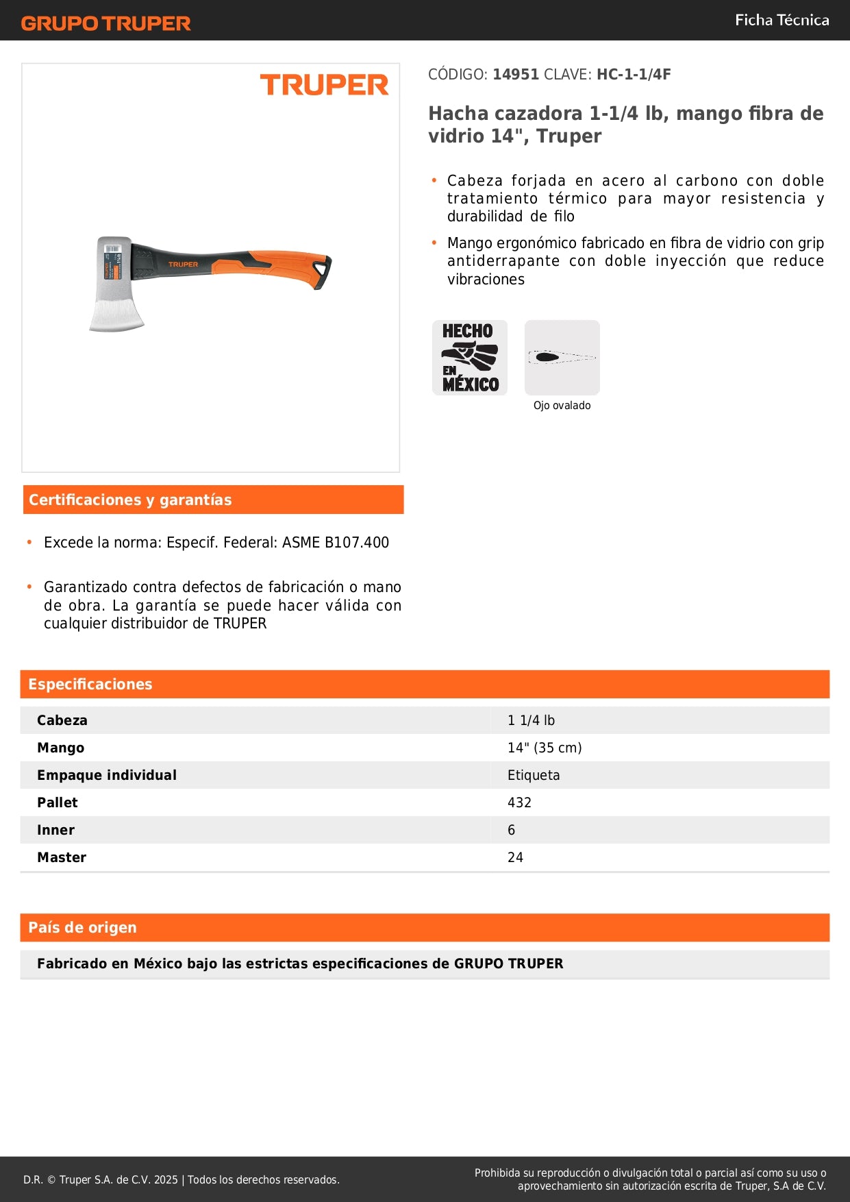 Hacha Cazadora Truper 1-1/4 lb Mango Fibra Vidrio 14" - Corte Preciso Madera Leña - Cabeza Forjada Acero Carbono HC-1-1/4F