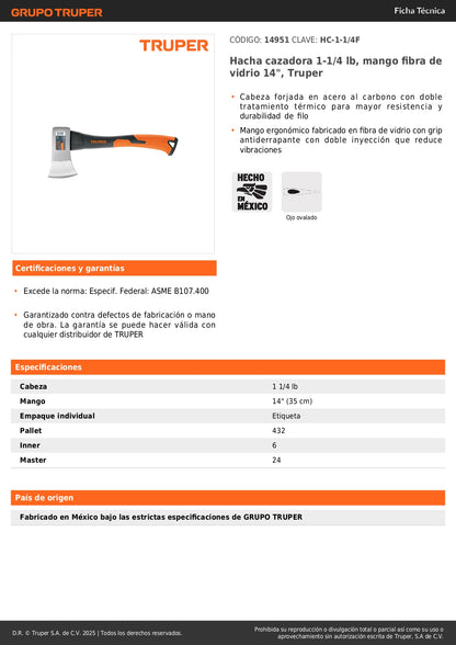 Hacha Cazadora Truper 1-1/4 lb Mango Fibra Vidrio 14" - Corte Preciso Madera Leña - Cabeza Forjada Acero Carbono HC-1-1/4F
