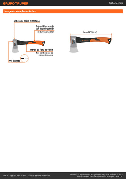 Hacha Cazadora Truper 1-1/4 lb Mango Fibra Vidrio 14" - Corte Preciso Madera Leña - Cabeza Forjada Acero Carbono HC-1-1/4F