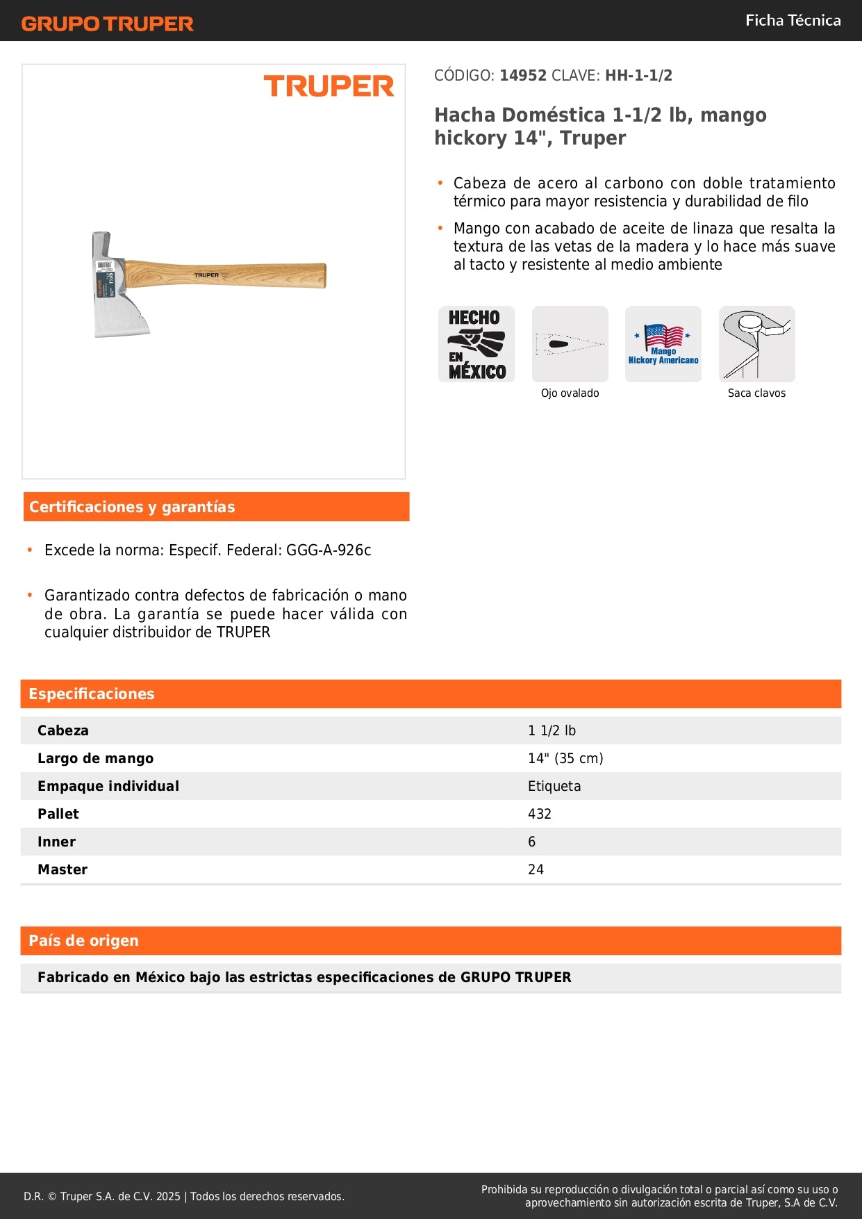 Hacha Doméstica Truper 1-1/2 lb Mango Hickory 14" - Corte Preciso y Duradero para Trabajos de Carpintería y Leña - Acero al Carbono Tratamiento Térmico HH-1-1/2