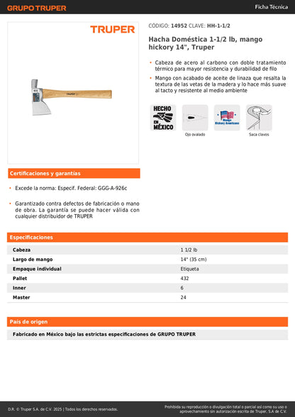 Hacha Doméstica Truper 1-1/2 lb Mango Hickory 14" - Corte Preciso y Duradero para Trabajos de Carpintería y Leña - Acero al Carbono Tratamiento Térmico HH-1-1/2