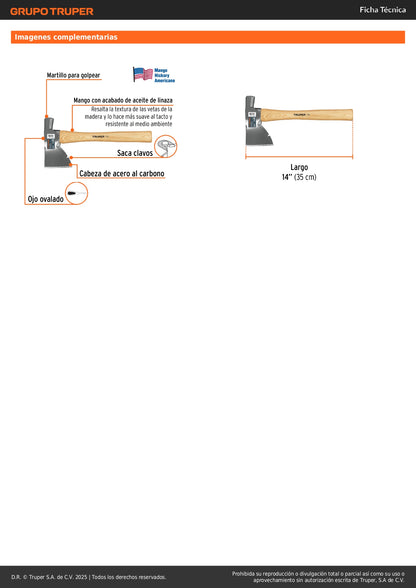 Hacha Doméstica Truper 1-1/2 lb Mango Hickory 14" - Corte Preciso y Duradero para Trabajos de Carpintería y Leña - Acero al Carbono Tratamiento Térmico HH-1-1/2
