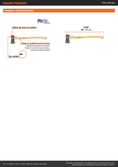 Hacha Truper Boy 2-1/4 lb Mango Hickory 28" - Herramienta Profesional para Talar Árboles y Partir Madera HB-2-1/4M