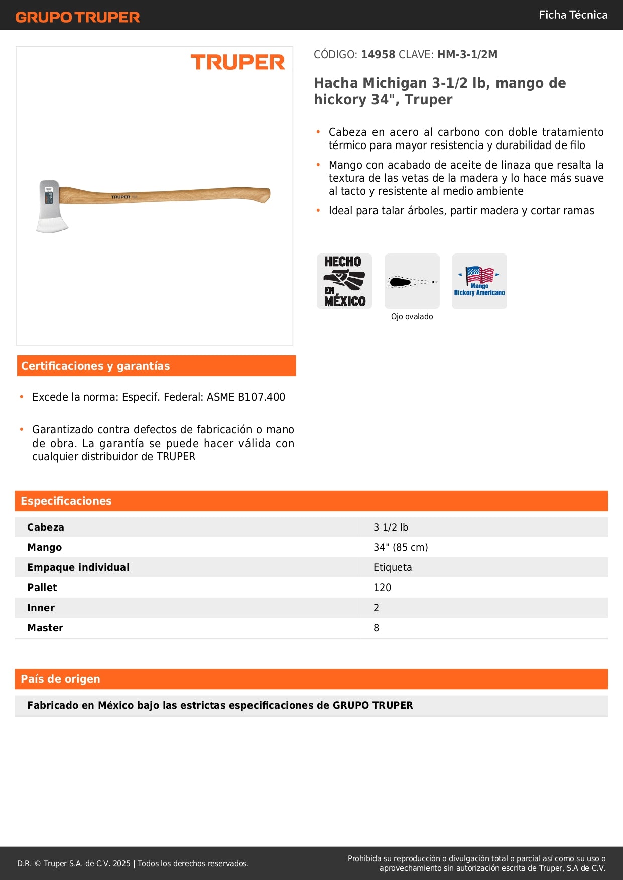 Hacha Michigan Truper 3.5 lb Mango Hickory 34" - Herramienta Profesional para Talar Árboles, Partir Leña y Cortar Ramas - Acero al Carbono Tratamiento Térmico HM-3-1/2M