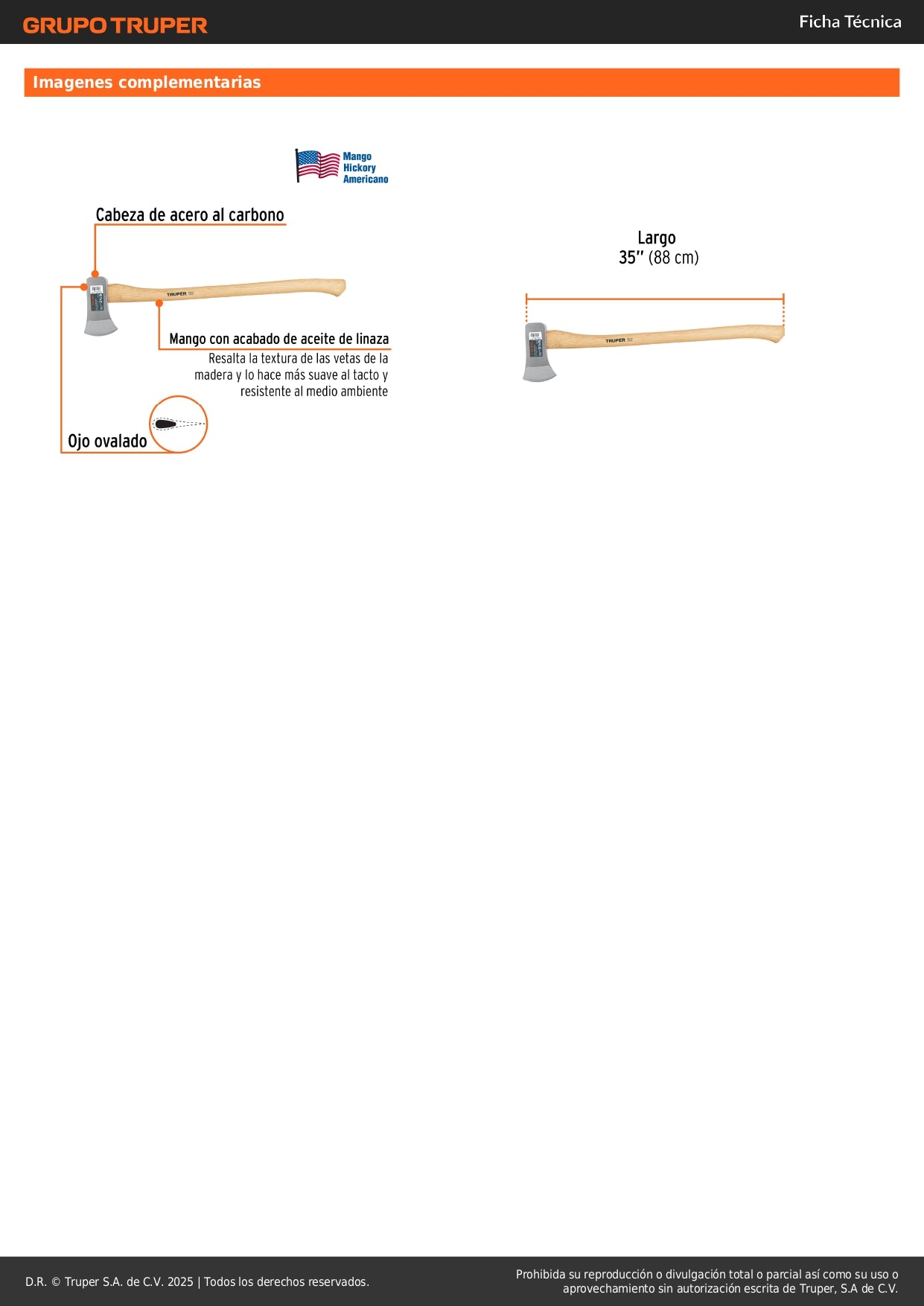 Hacha Michigan Truper 3.5 lb Mango Hickory 34" - Herramienta Profesional para Talar Árboles, Partir Leña y Cortar Ramas - Acero al Carbono Tratamiento Térmico HM-3-1/2M