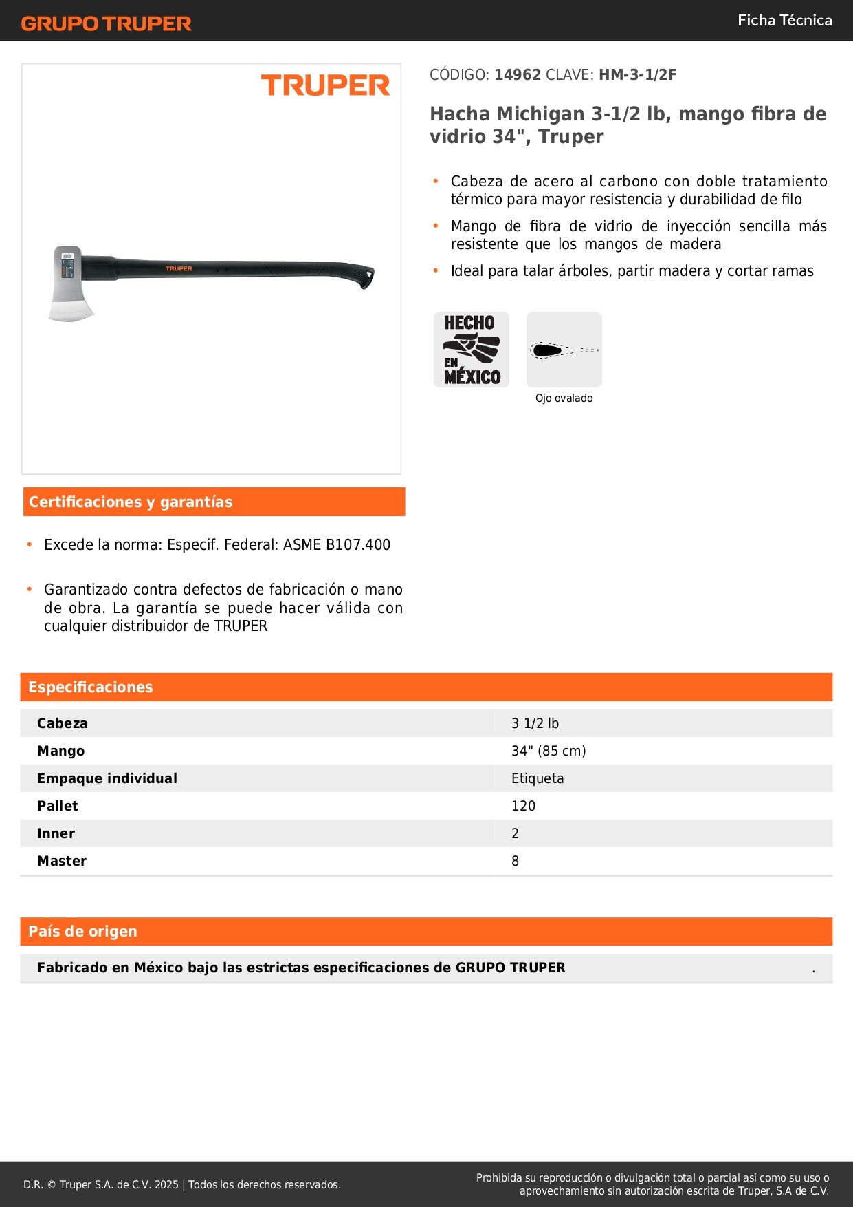 Hacha Michigan Truper 3.5 lb Fibra Vidrio 34" - Corta Madera Tala Árboles Profesional HM-3-1/2F