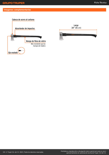 Hacha Michigan Truper 3.5 lb Fibra Vidrio 34" - Corta Madera Tala Árboles Profesional HM-3-1/2F