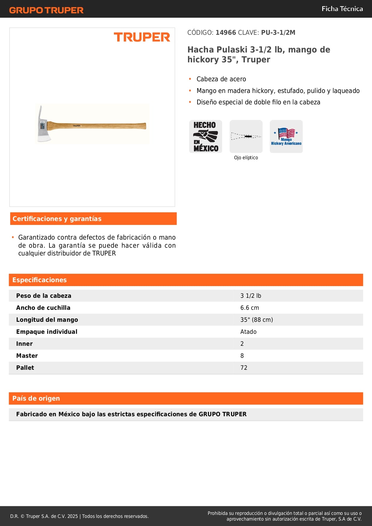 Hacha Pulaski Truper 3.5 lb Mango Hickory 35" - Herramienta Profesional Doble Filo para Corte y Excavación Forestal