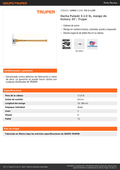 Hacha Pulaski Truper 3.5 lb Mango Hickory 35" - Herramienta Profesional Doble Filo para Corte y Excavación Forestal