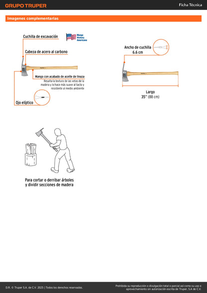 Hacha Pulaski Truper 3.5 lb Mango Hickory 35" - Herramienta Profesional Doble Filo para Corte y Excavación Forestal