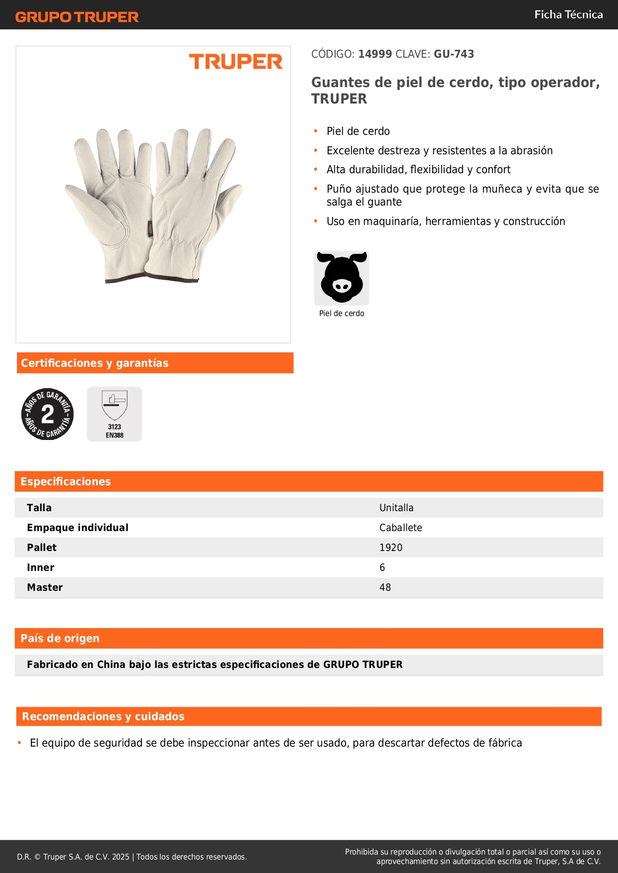 Guantes de Piel de Cerdo TRUPER GU-743 - Protección Industrial Resistente Abrasión para Construcción y Maquinaria