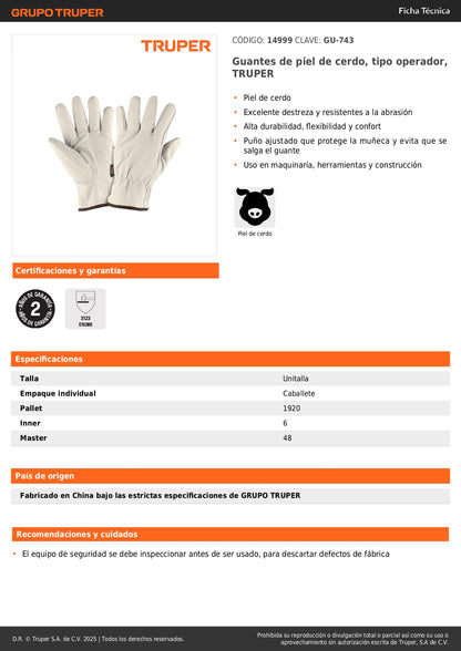 Guantes de Piel de Cerdo TRUPER GU-743 - Protección Industrial Resistente Abrasión para Construcción y Maquinaria