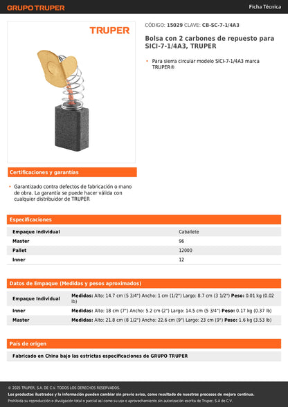 Bolsa con 2 carbones de repuesto para SICI-7-1/4A3, TRUPER