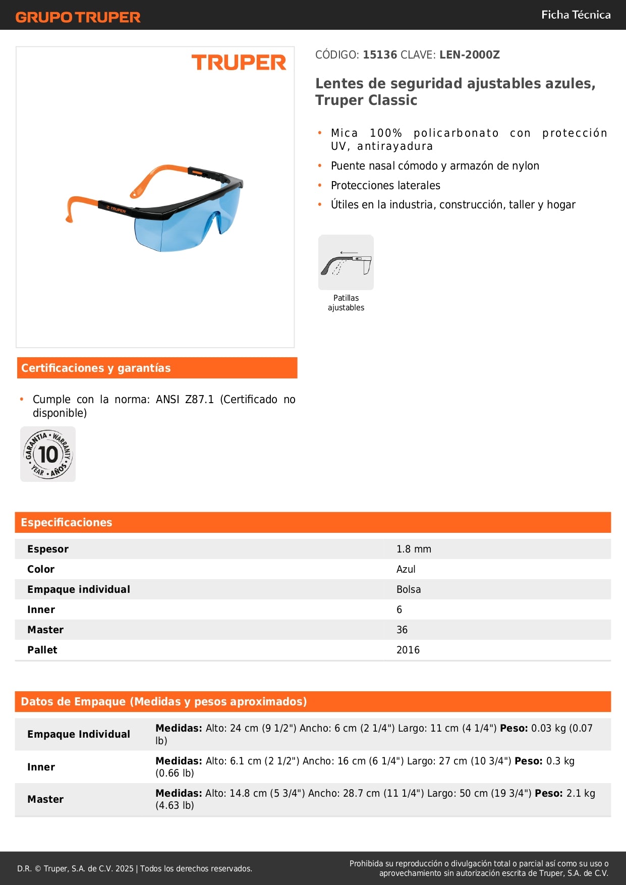 Lentes de Seguridad Truper Classic LEN-2000Z - Protección UV Antirayadura Policarbonato Azul - Industria Construcción Taller