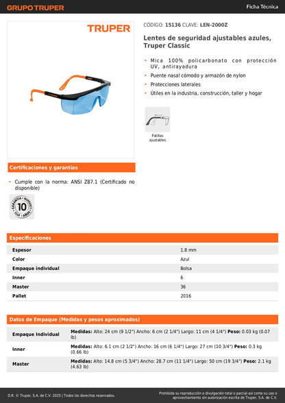 Lentes de Seguridad Truper Classic LEN-2000Z - Protección UV Antirayadura Policarbonato Azul - Industria Construcción Taller