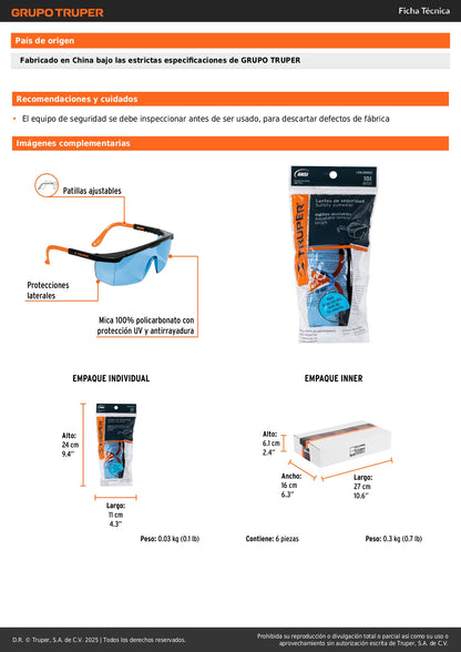 Lentes de Seguridad Truper Classic LEN-2000Z - Protección UV Antirayadura Policarbonato Azul - Industria Construcción Taller