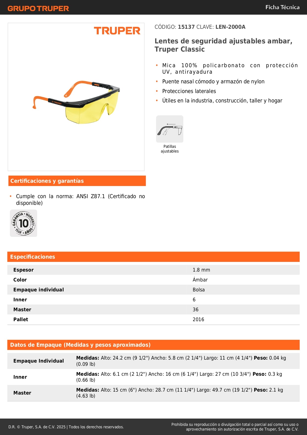 Lentes de Seguridad Industrial Truper LEN-2000A - Protección UV Antirayadura para Construcción y Taller