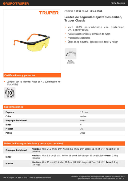 Lentes de Seguridad Industrial Truper LEN-2000A - Protección UV Antirayadura para Construcción y Taller