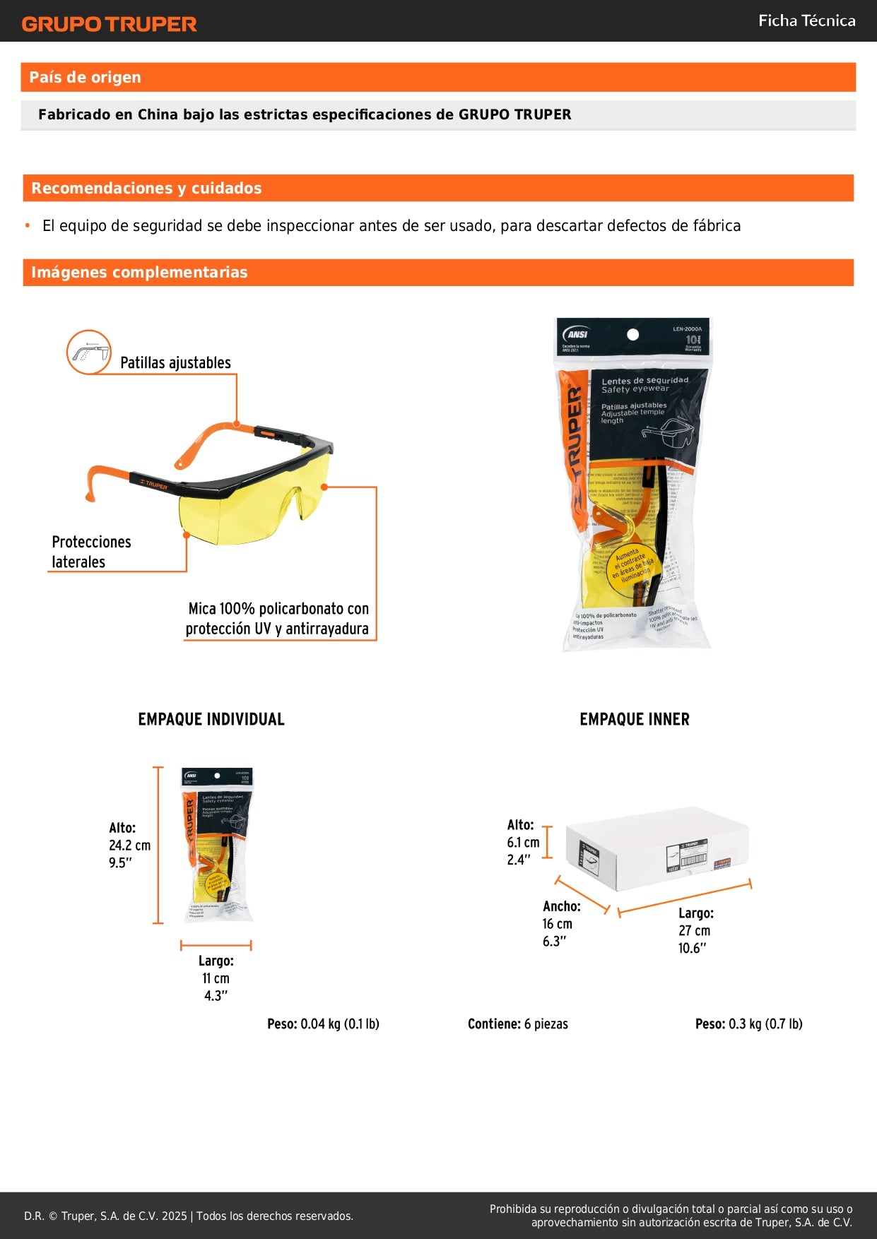 Lentes de Seguridad Industrial Truper LEN-2000A - Protección UV Antirayadura para Construcción y Taller