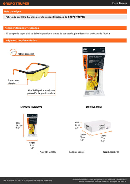 Lentes de Seguridad Industrial Truper LEN-2000A - Protección UV Antirayadura para Construcción y Taller