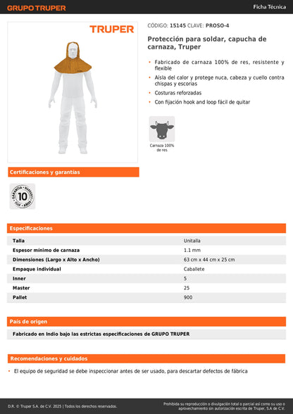 Capucha de Carnaza para Soldar Truper PROSO-4 - Protección Profesional Cabeza Cuello Nuca contra Chispas y Calor - Resistente 100% Piel de Res con Costuras Reforzadas
