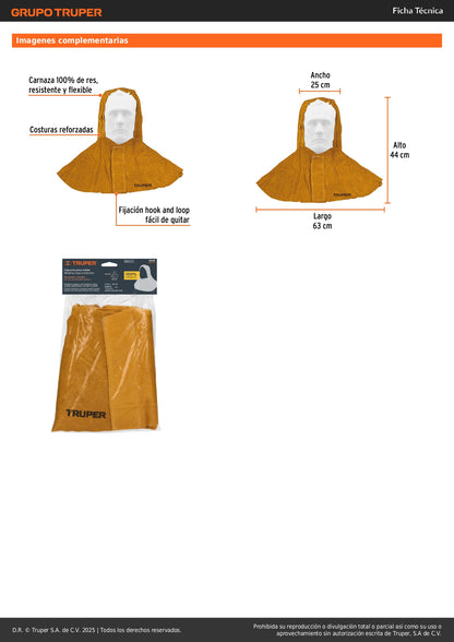 Capucha de Carnaza para Soldar Truper PROSO-4 - Protección Profesional Cabeza Cuello Nuca contra Chispas y Calor - Resistente 100% Piel de Res con Costuras Reforzadas