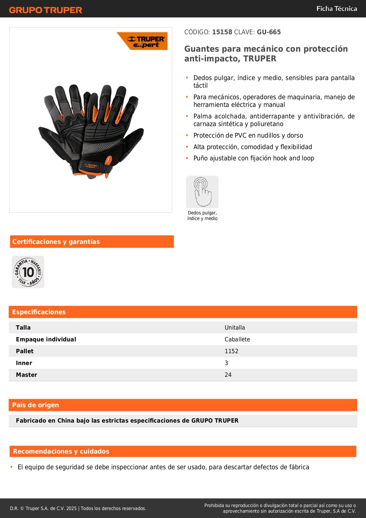 Guantes Mecánicos Anti-Impacto TRUPER GU-665 - Protección PVC Nudillos, Palma Antiderrapante, Táctil Compatible - Solución Profesional para Operadores Maquinaria y Herramientas