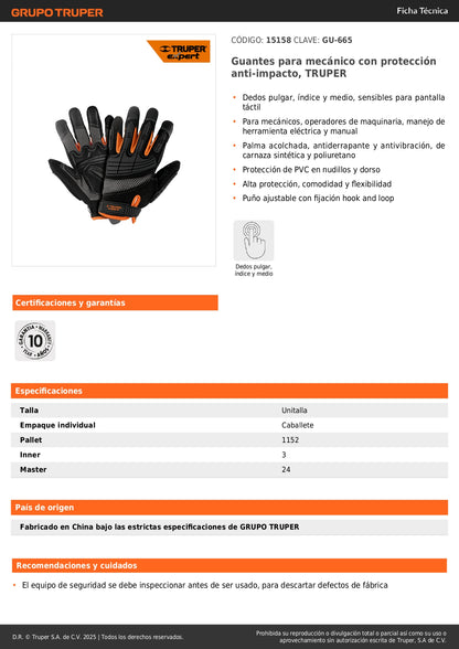 Guantes Mecánicos Anti-Impacto TRUPER GU-665 - Protección PVC Nudillos, Palma Antiderrapante, Táctil Compatible - Solución Profesional para Operadores Maquinaria y Herramientas