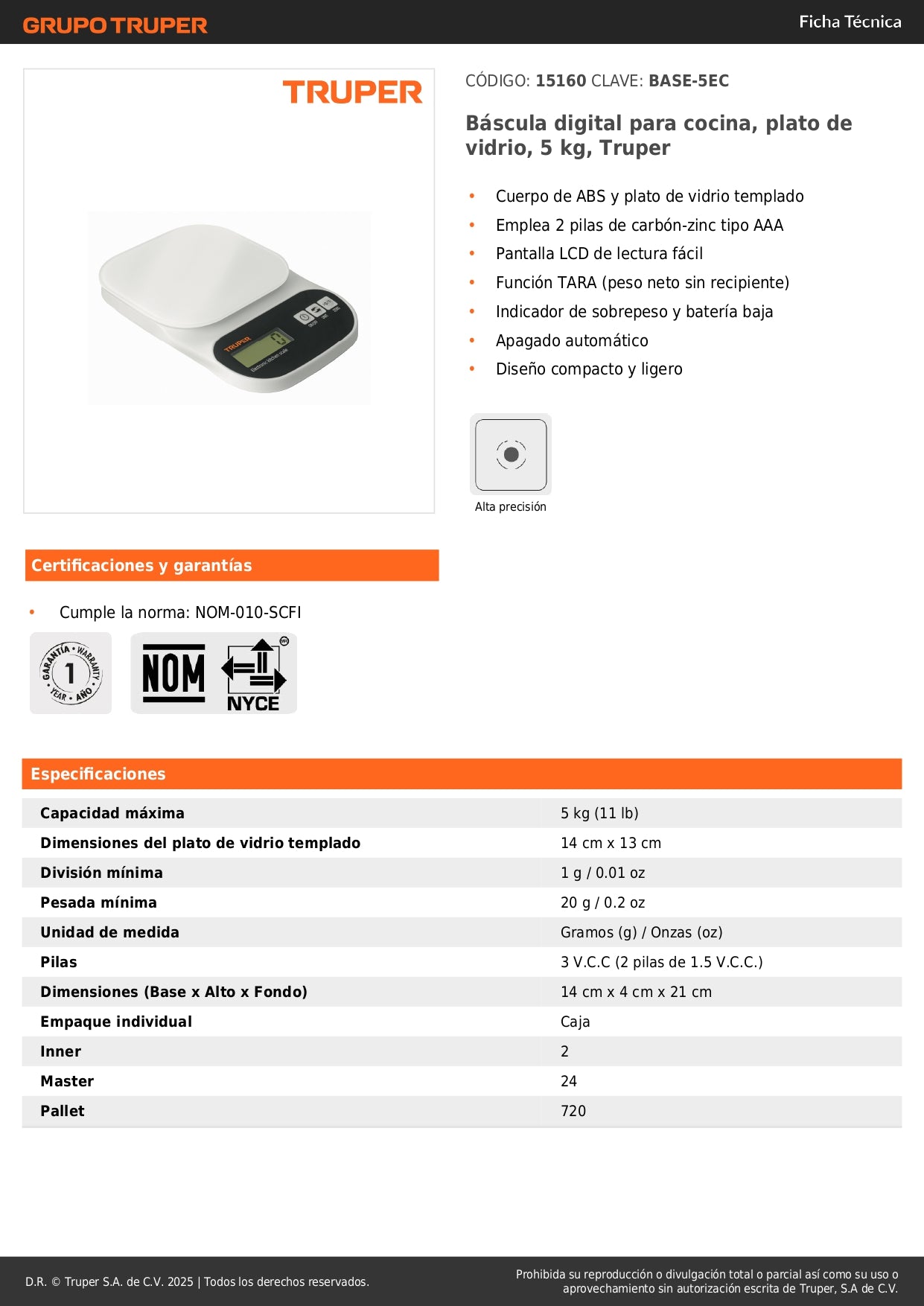 Báscula Digital Cocina Truper 5kg Vidrio Templado - Pesaje Preciso Alimentos con Función TARA y Pantalla LCD