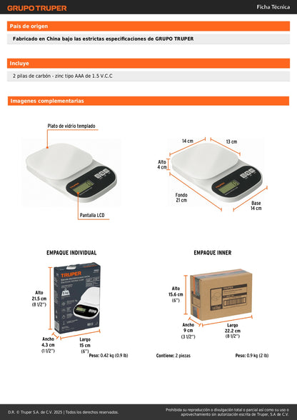Báscula Digital Cocina Truper 5kg Vidrio Templado - Pesaje Preciso Alimentos con Función TARA y Pantalla LCD