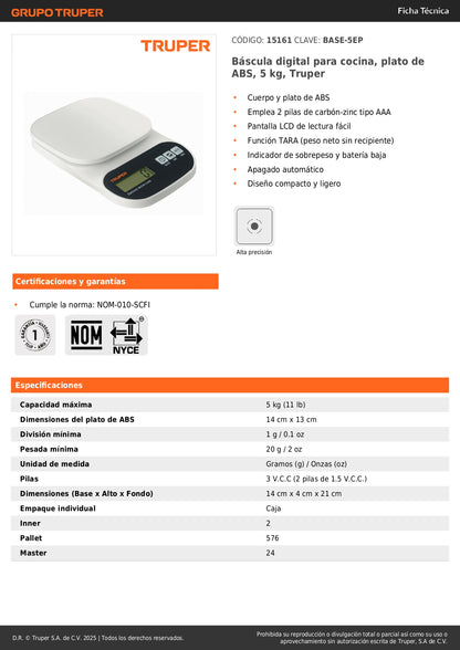 Báscula Digital de Cocina Truper 5kg - Plato ABS con Función TARA y Pantalla LCD - Solución Precisa para Pesaje Profesional