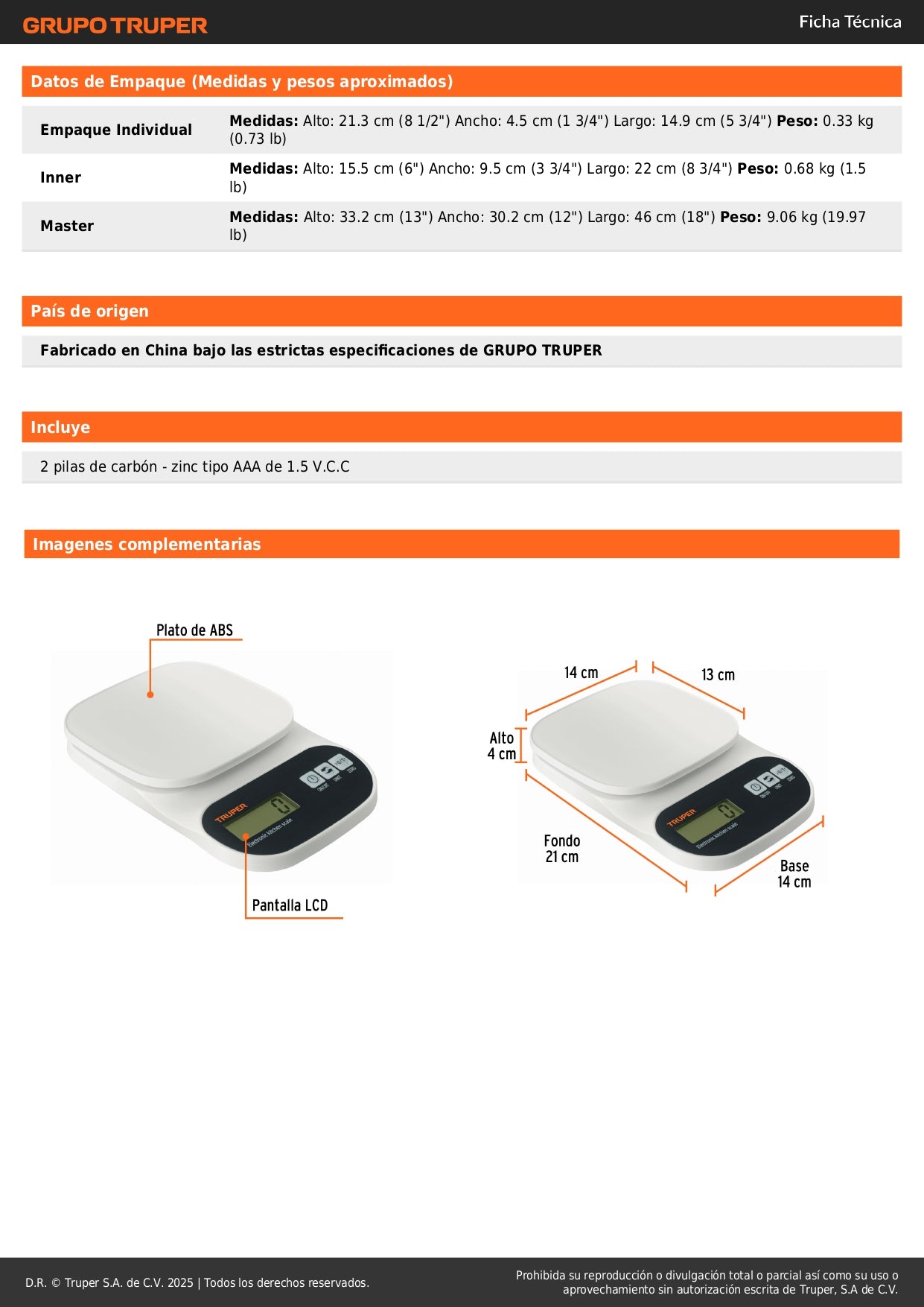 Báscula Digital de Cocina Truper 5kg - Plato ABS con Función TARA y Pantalla LCD - Solución Precisa para Pesaje Profesional