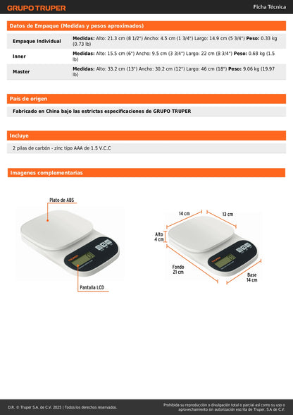 Báscula Digital de Cocina Truper 5kg - Plato ABS con Función TARA y Pantalla LCD - Solución Precisa para Pesaje Profesional