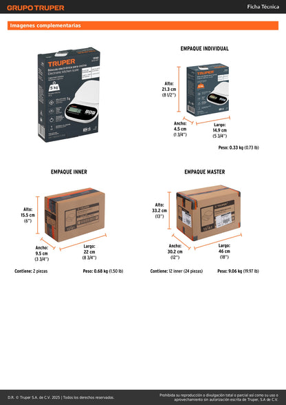 Báscula Digital de Cocina Truper 5kg - Plato ABS con Función TARA y Pantalla LCD - Solución Precisa para Pesaje Profesional