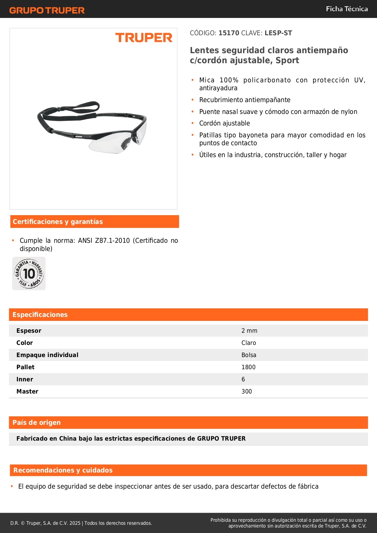 Lentes de Seguridad Antiempañantes LESP-ST - Protección UV Policarbonato con Cordón Ajustable para Industria, Construcción y Taller - Elimina Empañamiento y Rayones
