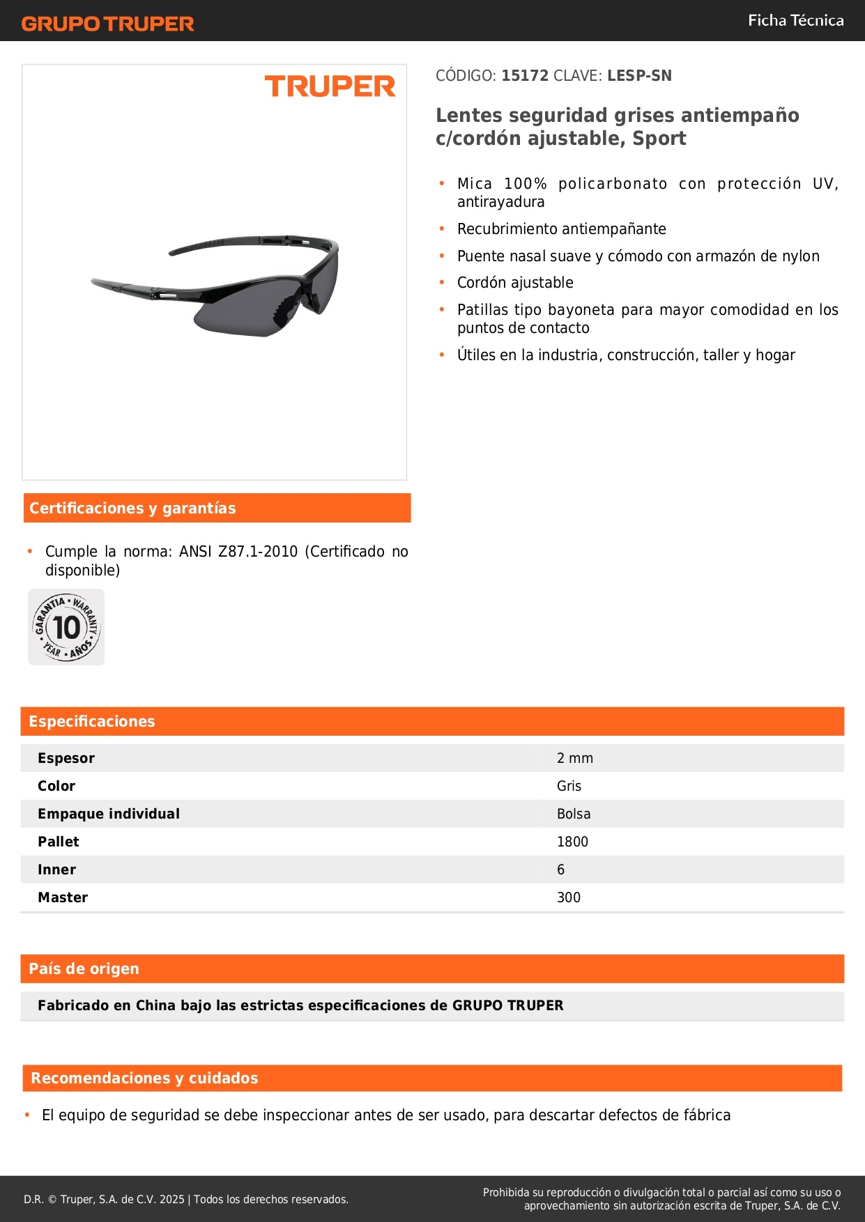 Lentes de Seguridad Antiempaño Grises con Cordón Ajustable - Protección UV Policarbonato para Industria Construcción y Taller - LESP-SN